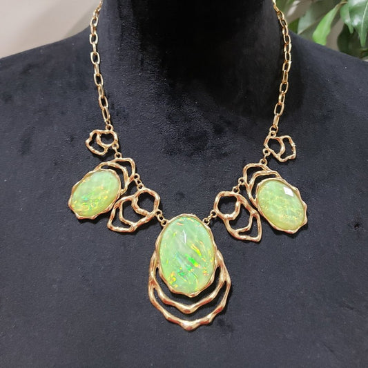 Gold Tone Chain Green Sparkling Statement Necklace Adjustable w/ Lobster Clasp