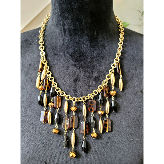 Vintage Gold Tone Tortoise Lucite Beaded Fringe Statement Bib Necklace Boho