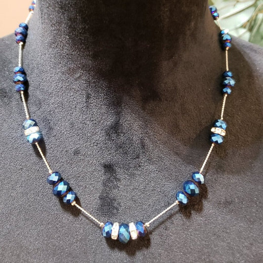 Womens Fashion Silver Tone & Blue Beaded Linked Necklace with Lobster Clasp