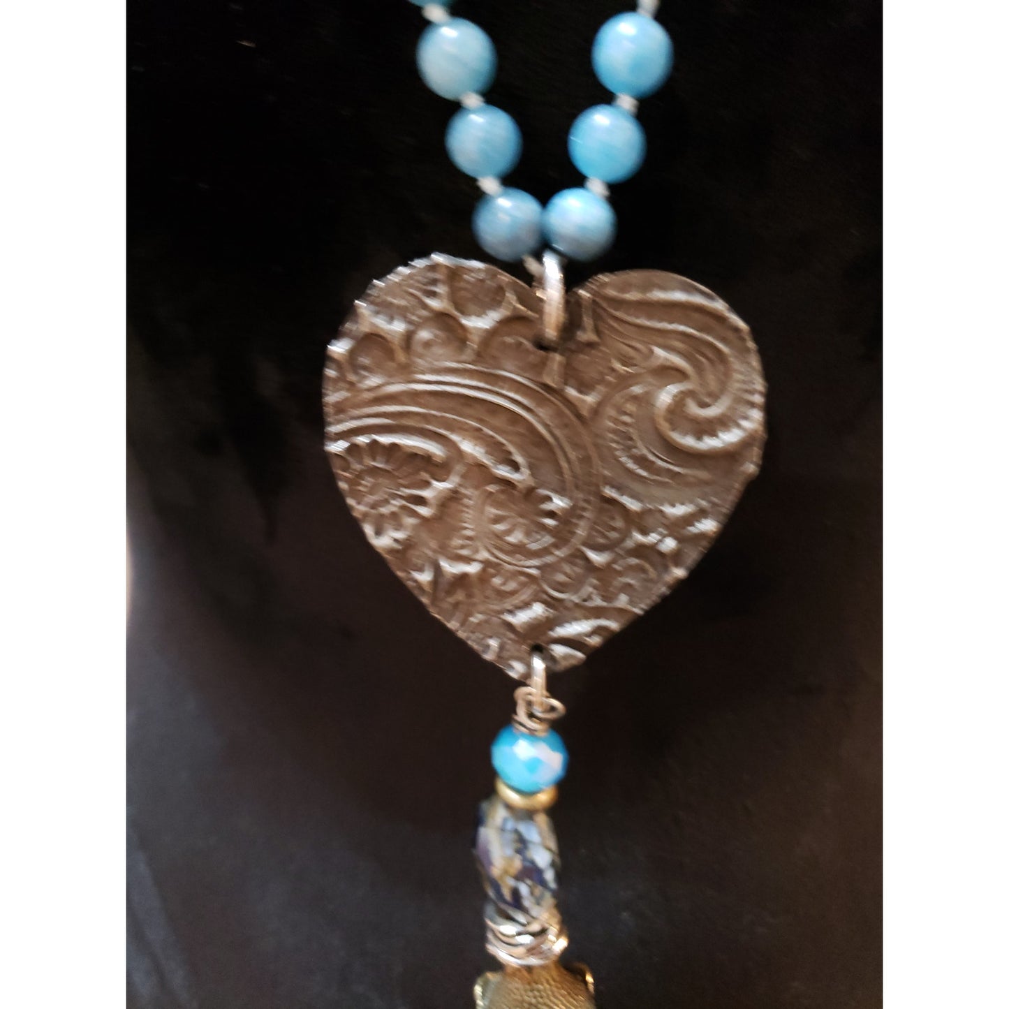 Women Boho 2 Strand Round Turquoise Beaded Heart Pendant Tassel Necklace Jewelry