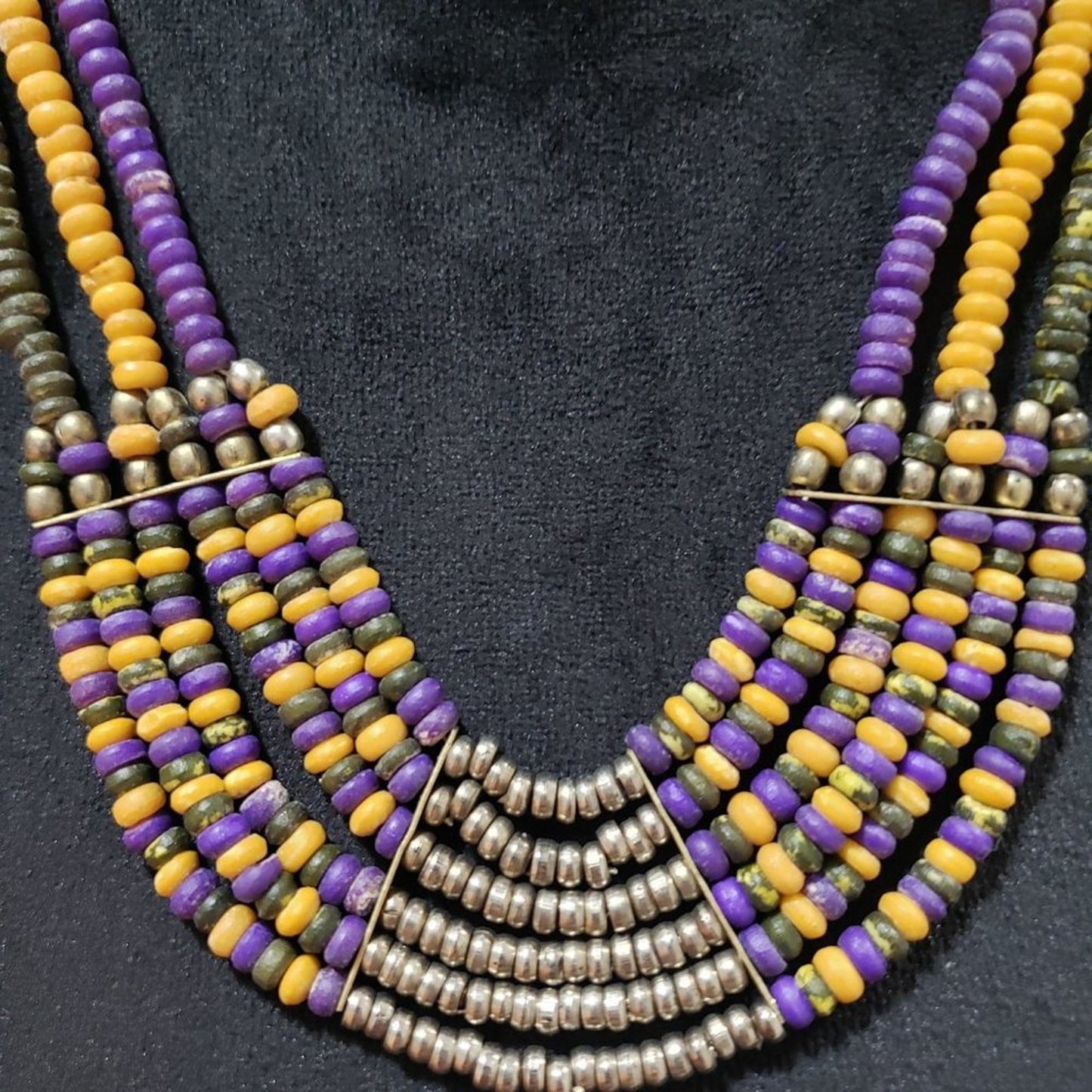 Womens Fashion Multi Rondelle Wood Bead Tibetan Bib Necklace with Pearl Clasp
