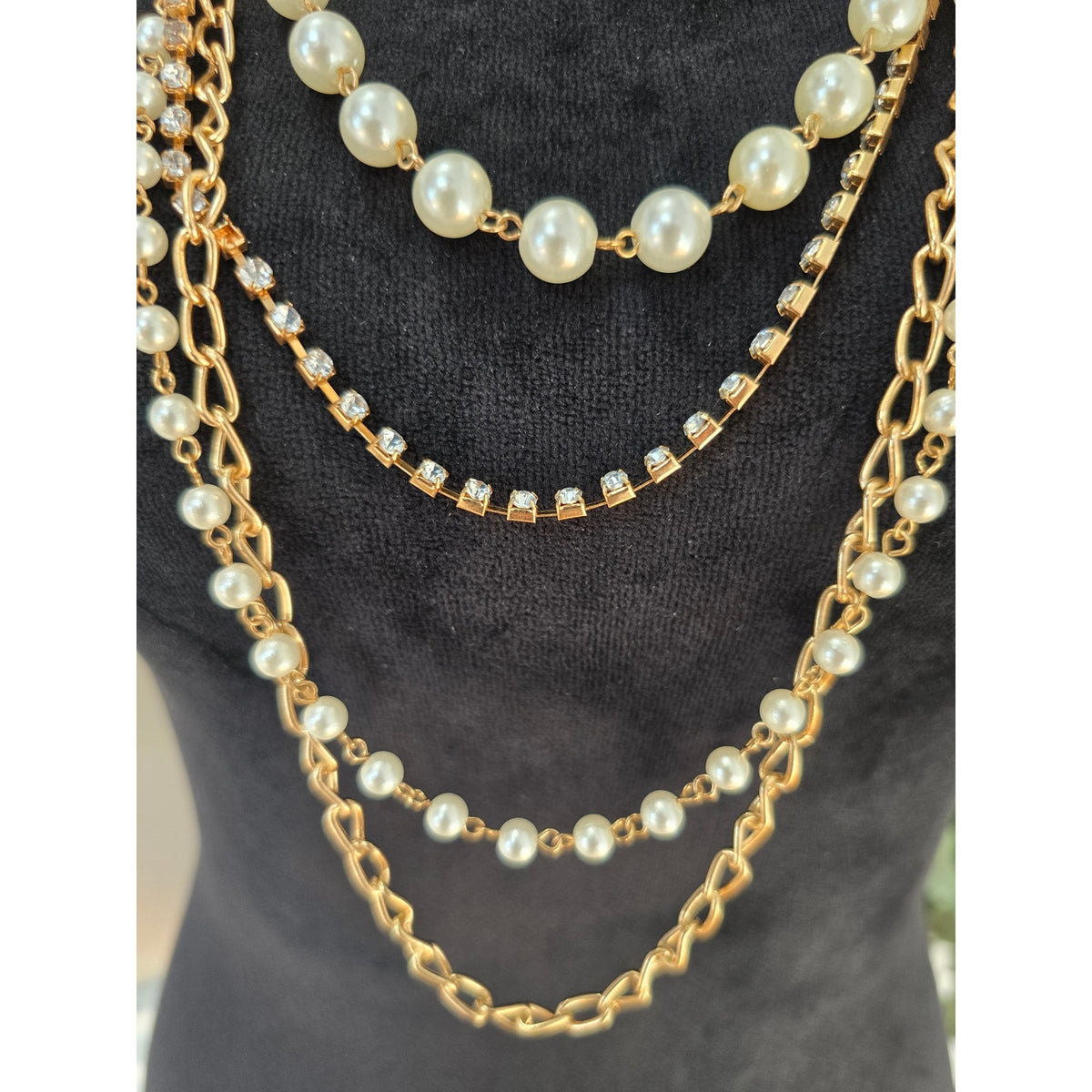 Lightweight Gold Tone Layered Chain Faux Pearl Flower Statement Necklace