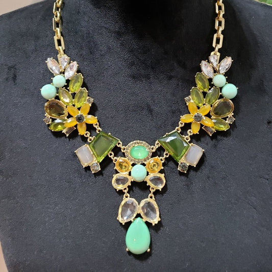 Women Fashion Glass Jeweled Green Yellow Rhinestones  Necklace w/ Lobster Clasp