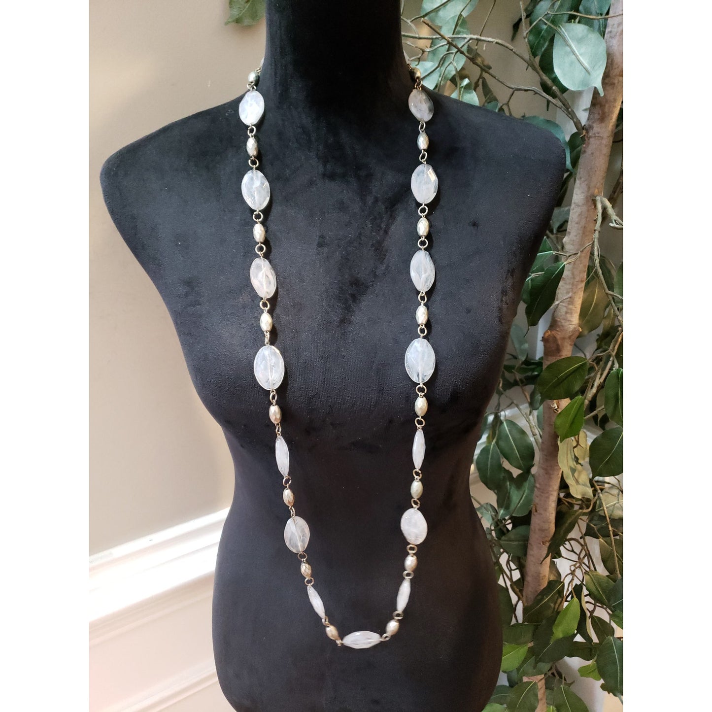 Womens Fashion Chunky Oval Smoky Selenite Beads Barrel Spacers Long Necklace