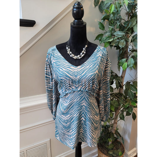 New Directions Blouse 2XL Teal Peach Zebra Ruffle Trim V-Neck Balloon Sleeve