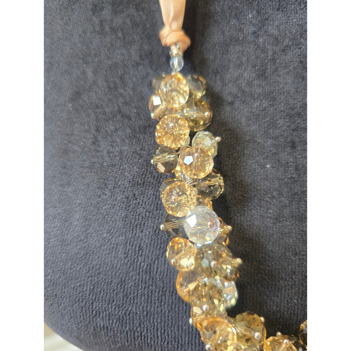 Gold Tone Crystal Beaded Ribbon Statement Necklace