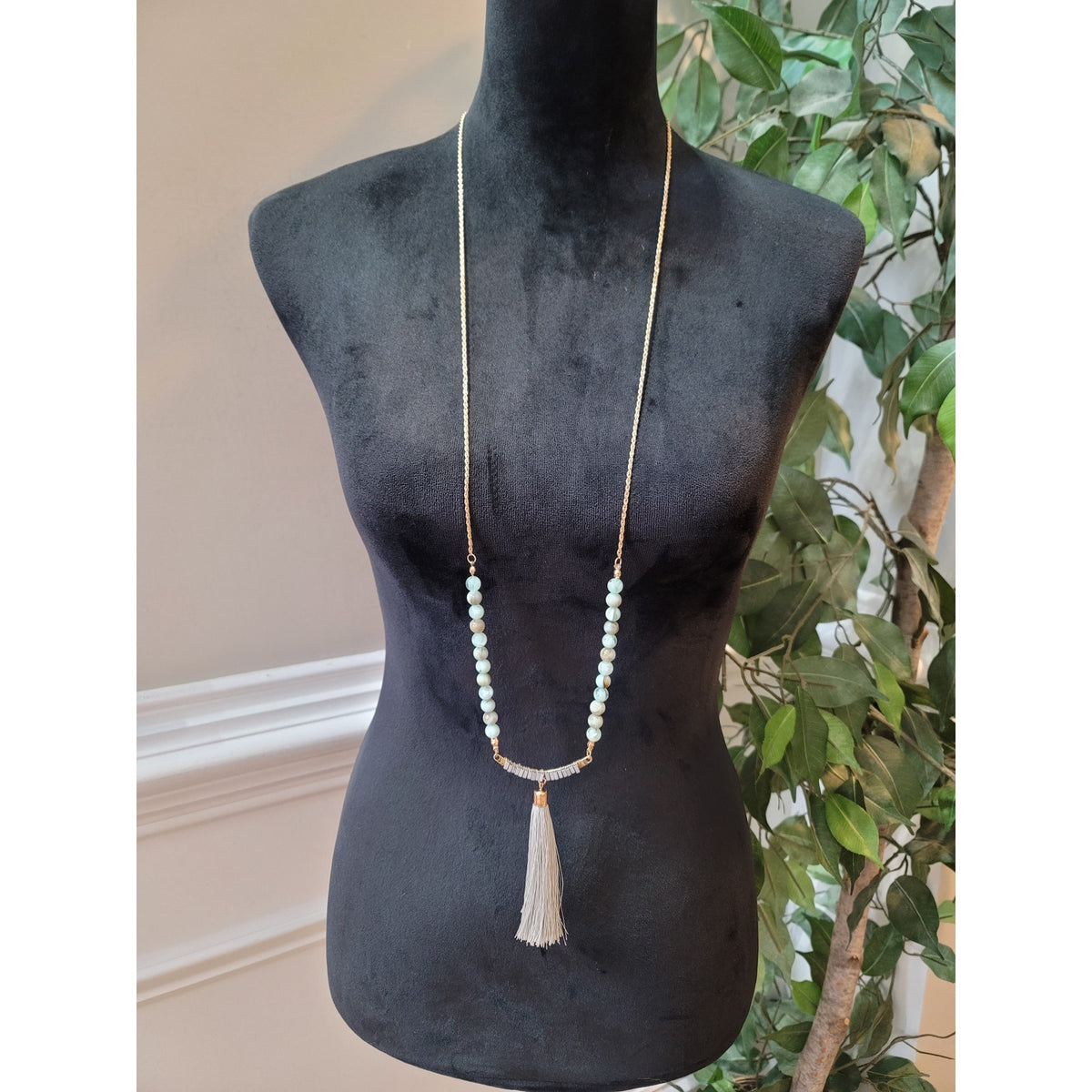 Women's Long Beaded Necklace with Tassel Pendant and Gold Chain