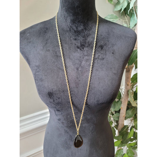 Women's Gold Textured Chain Necklace Black Teardrop Pendant No Clasp Jewelry