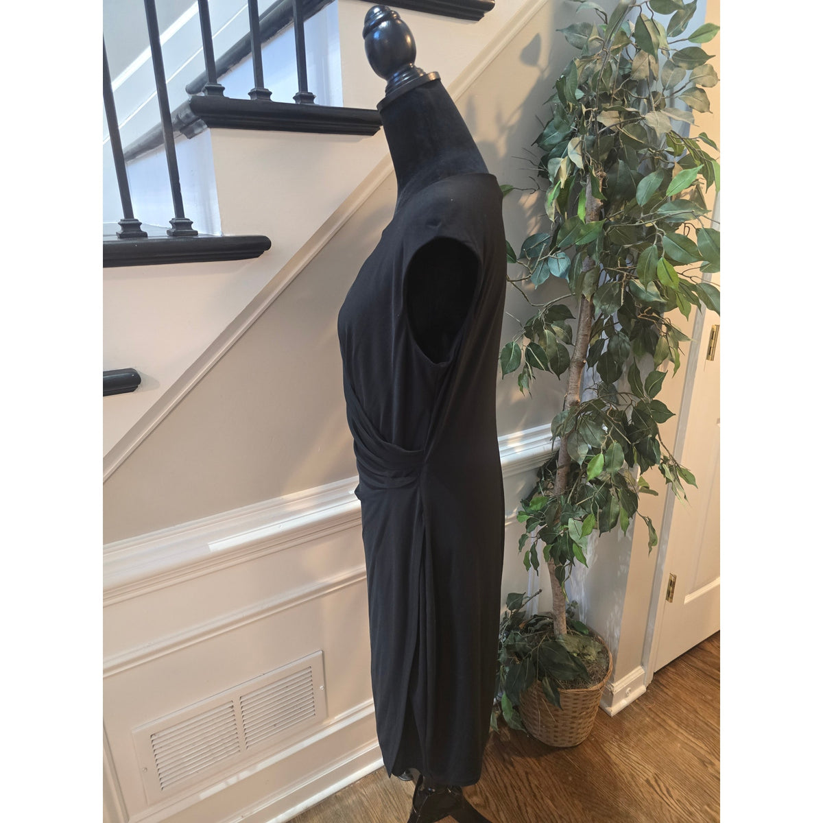 Lauren Ralph Lauren Cocktail Dress Women SZ 14 Black Faux Wrap Boat Neck Keyhole