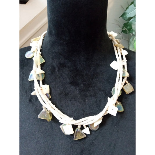 White Mother of Pearl Chip Necklace Multi-Strand Shell Statement Boho Jewelry