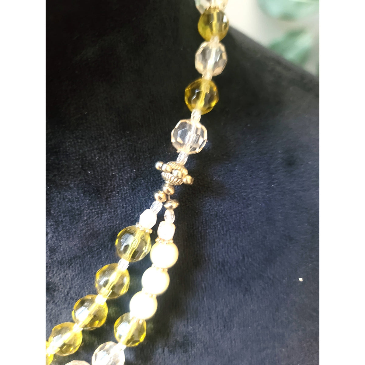 Women's Yellow Clear Beaded Necklace Toggle Clasp Double Strand Layered Jewelry