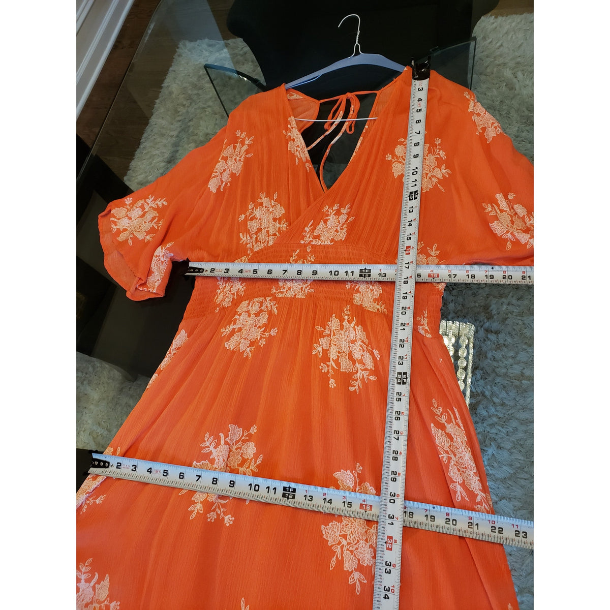Oddi Long Maxi Dress Women's Size 2XL Orange Smocked Waist V Neck Kimono Sleeve