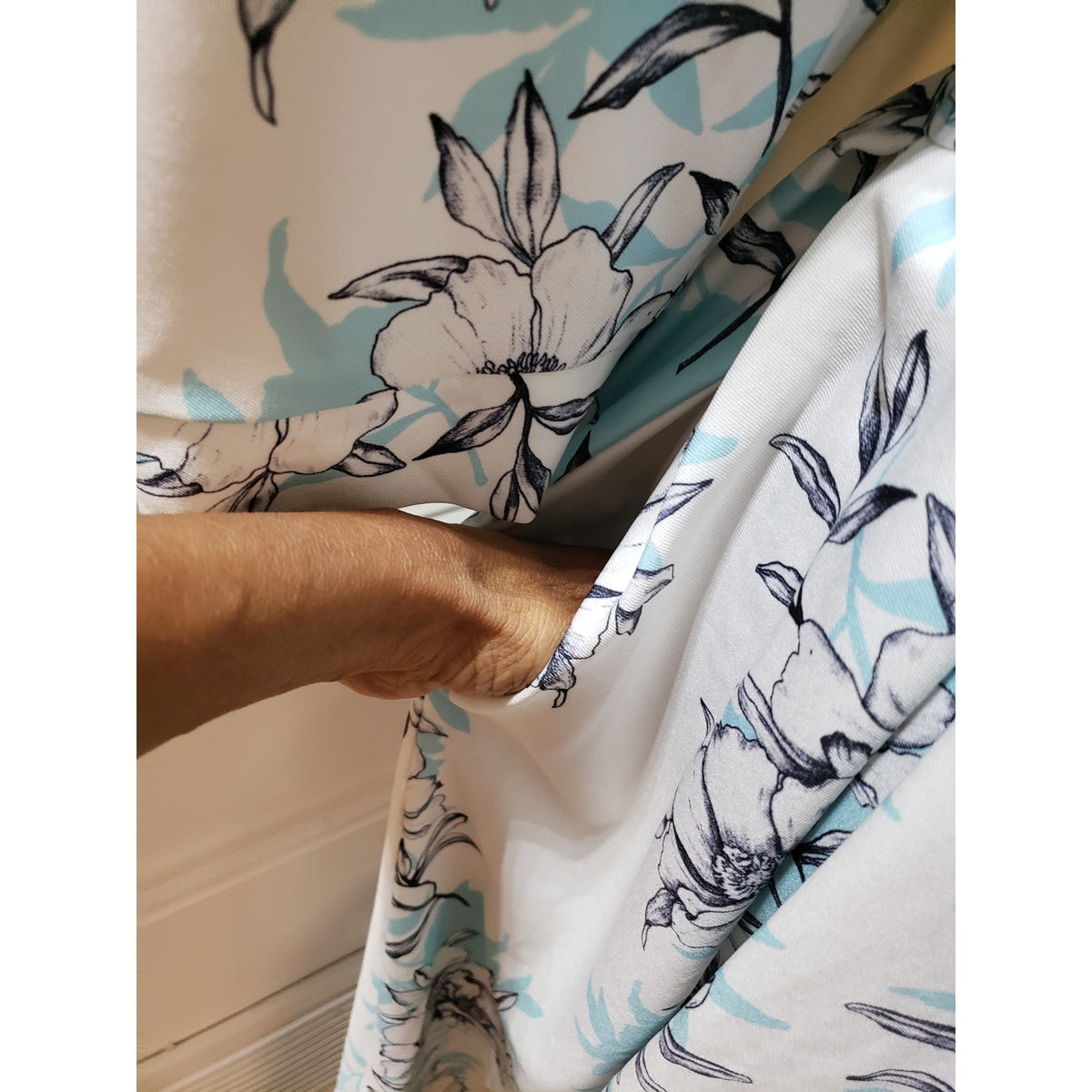 Womens A-Line Dress XL White Floral Empire Waist 3/4 Sleeve Pockets Back Zip