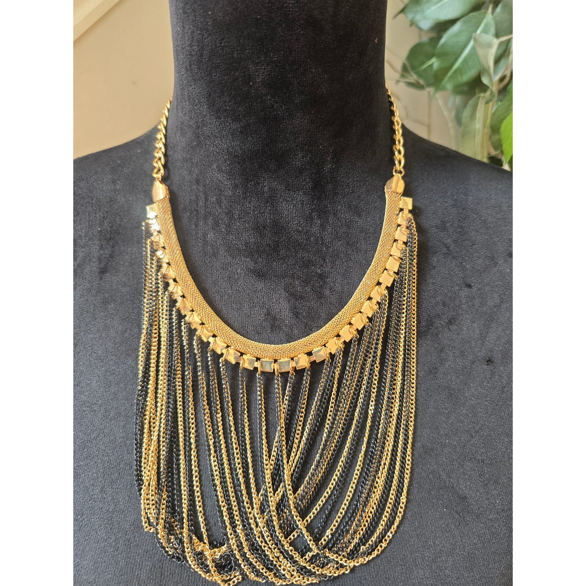 Gold Tone Multi Strand Draped Chain Bib Statement Necklace Rhinestone Fashion