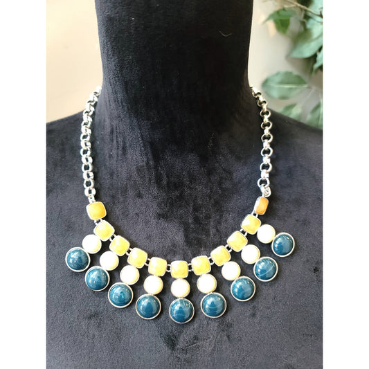Women's Statement Necklace Blue Yellow White Drop Charms Lobster Clasp Chain