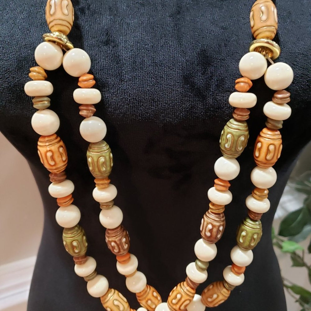 Womens Fashion Faux Ivory Carvings Beads Long Collar Necklace with Lobster Clasp