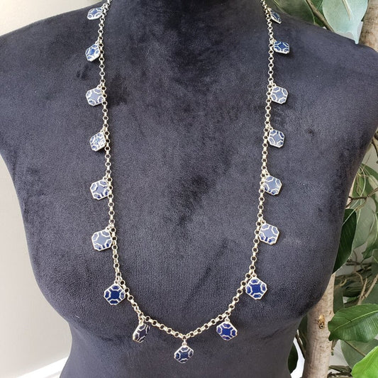 Womens Gold Tone Blue Enameled Dangle Drop Station Necklace with Lobster Clasp