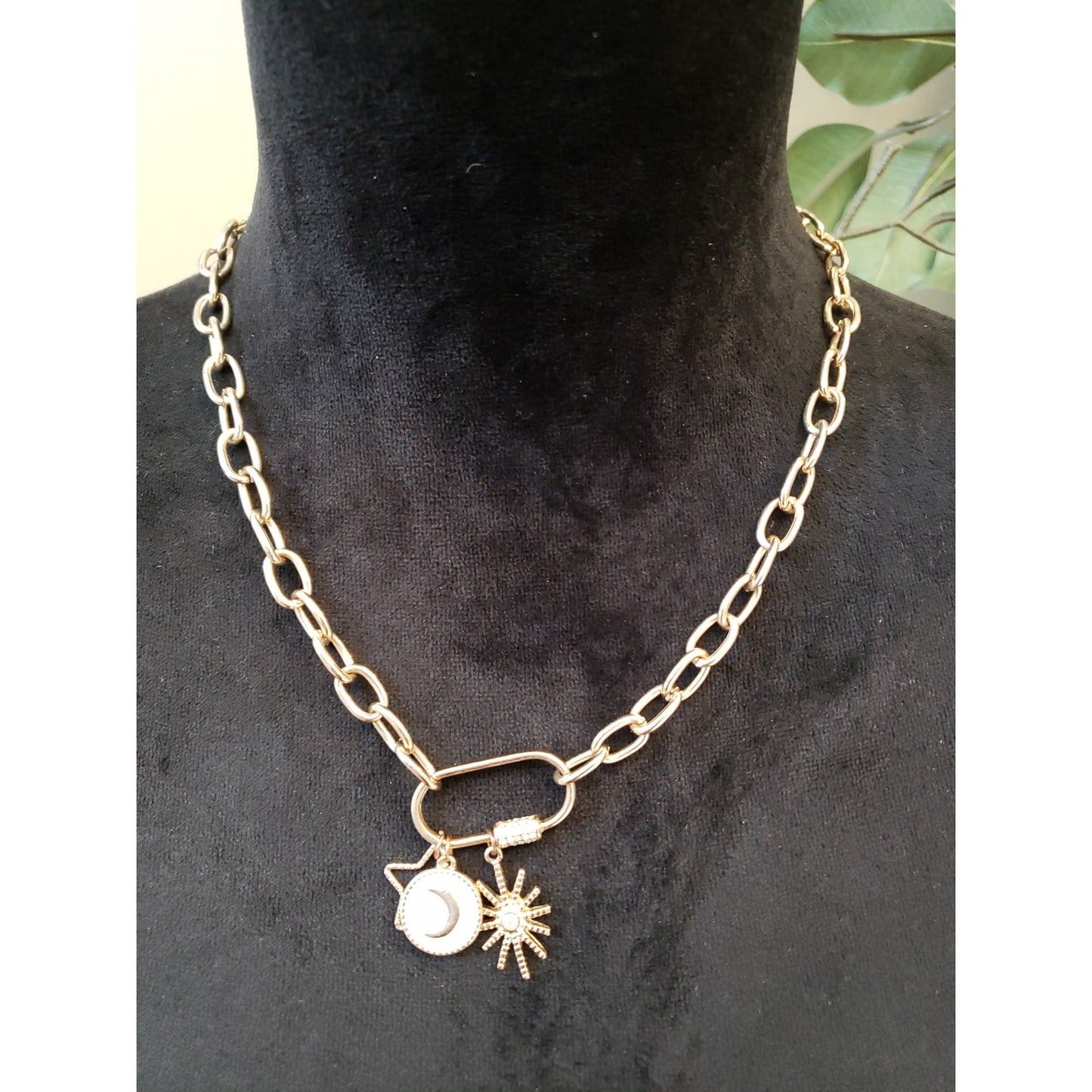 Women Gold Chain Necklace Moon Sun Charm Carabiner Lock Fashion Jewelry
