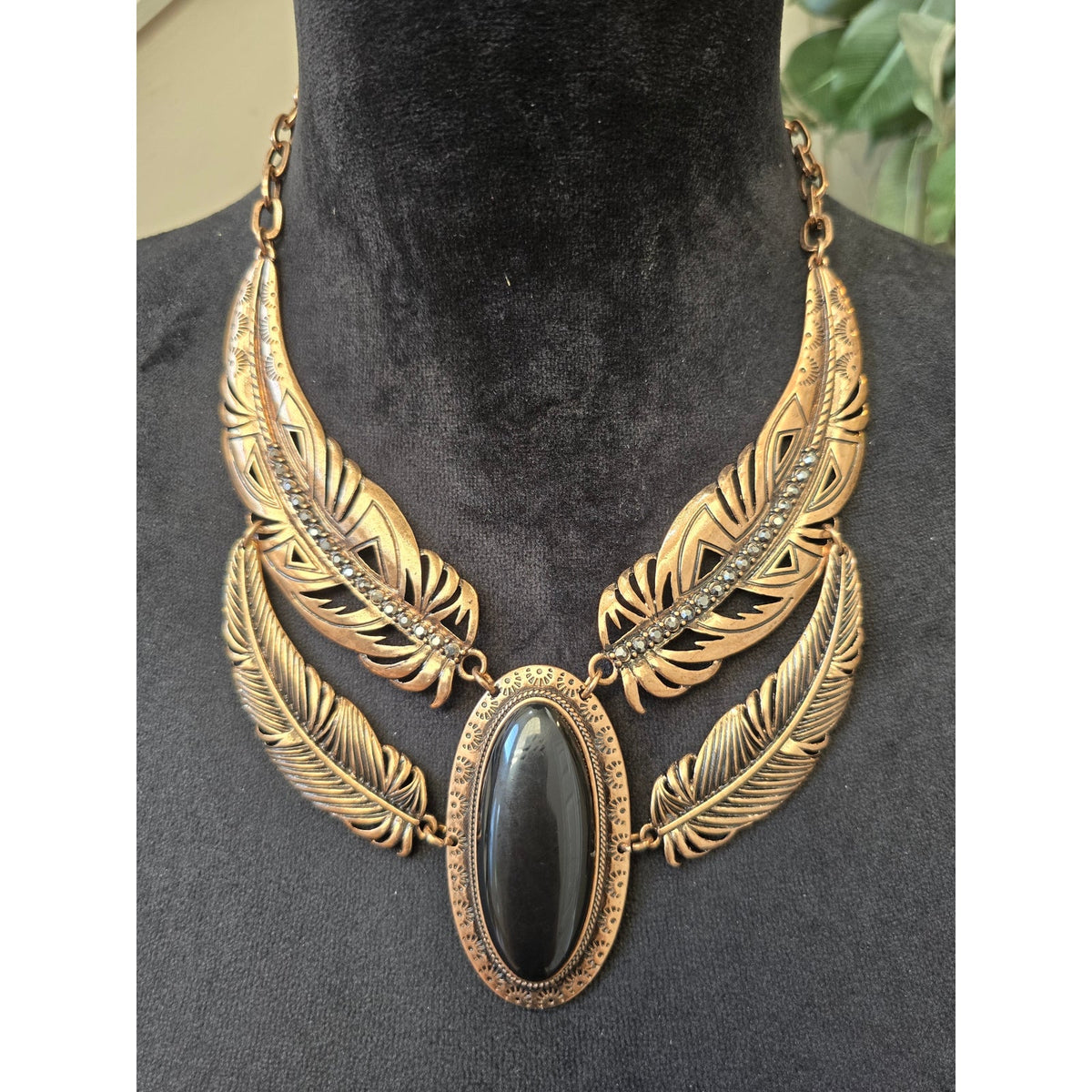 Mia Collection Gold-tone Layered Feather Black Onyx Necklace & Earrings Set