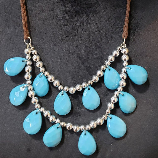 Womens Fashion Turquoise Teardrop Metal Beads Braided Cord Necklace with Lobster