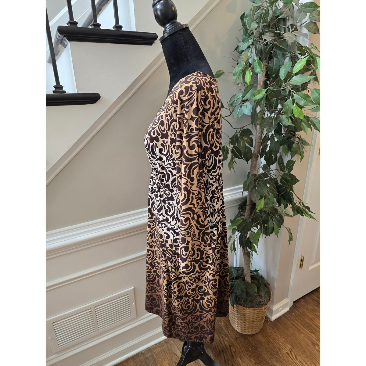 Soma Fit & Flare Dress XL Brown Beige Floral Scoop Dolman Sleeve Casual Pullover