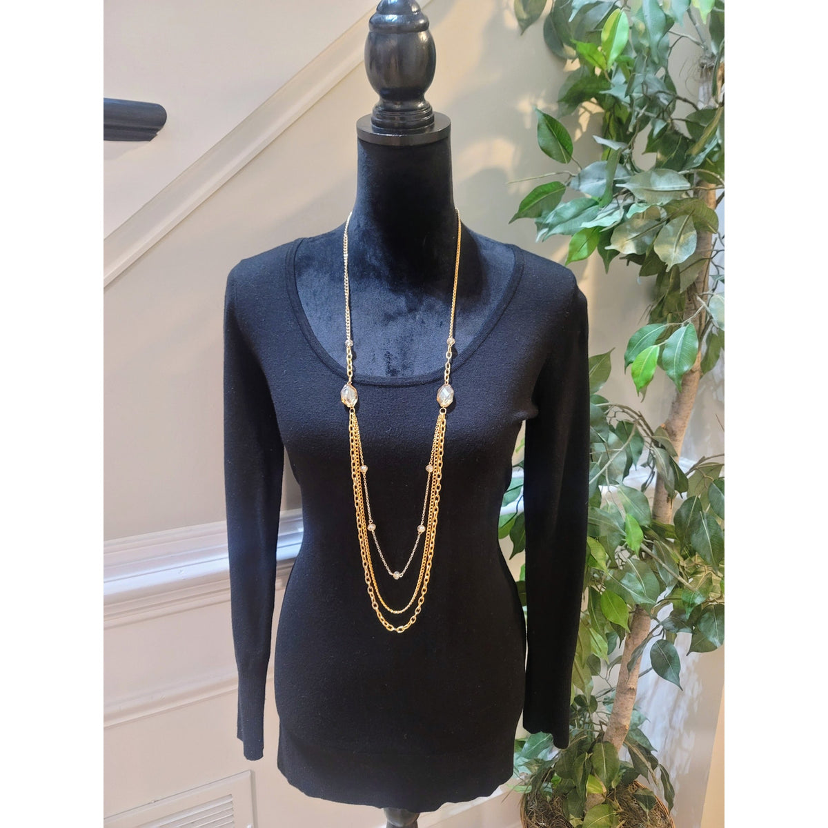 Cache Pullover Sweater Women's Large Black Strappy Back Scoop Neck Long Sleeve