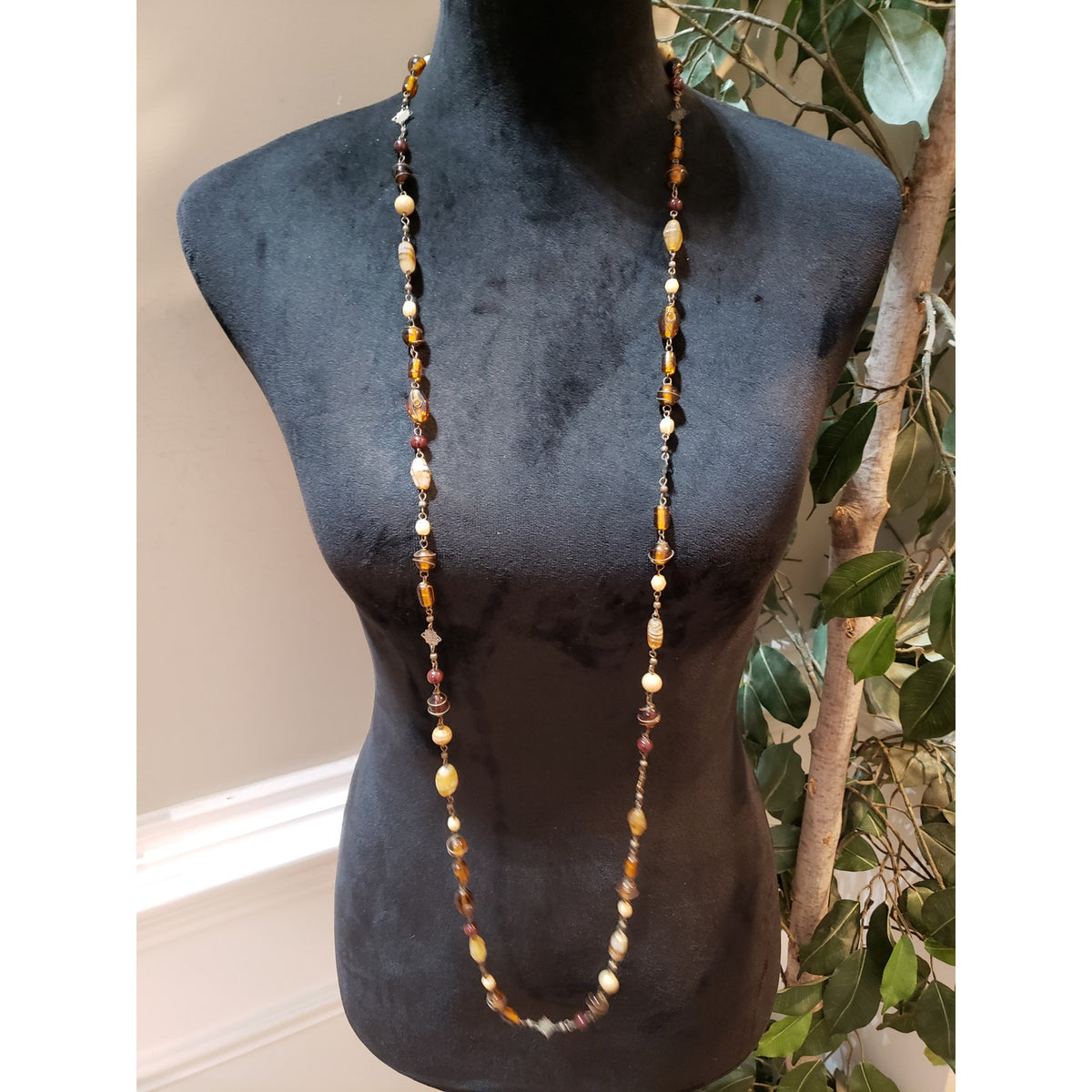 Women Fashion Multi Plastic Faux Wood Bone Wrapped Beaded Long Necklace Foldable