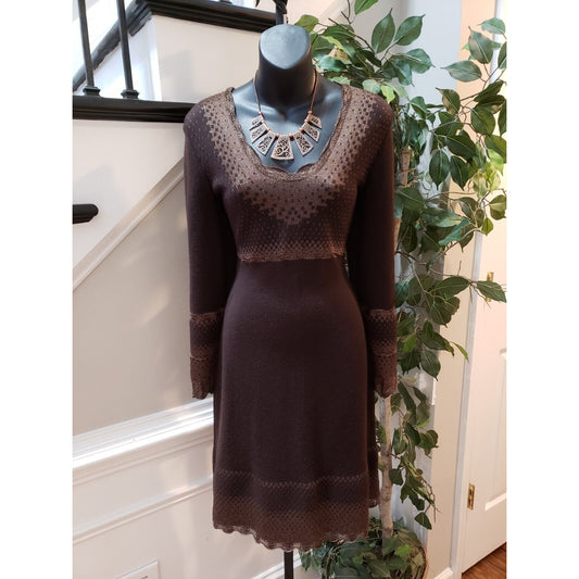 Stoff Womens Brown Solid Wool Scoop Neck Long Sleeve Casual Knee Length Dress S