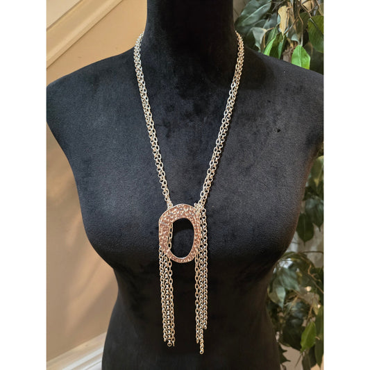 Women's Gold Tone Long Chain Necklace Hammered Oval Pendant Tassel Dangle