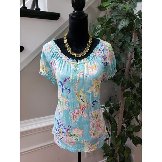 Lauren Ralph Lauren Womens Blue 100% Cotton Round Neck Short Sleeve Top Blouse L