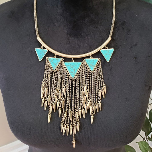 Womens Fashion Gold Tone Triangle Turquoise Chain Tassel Necklace with Lobster