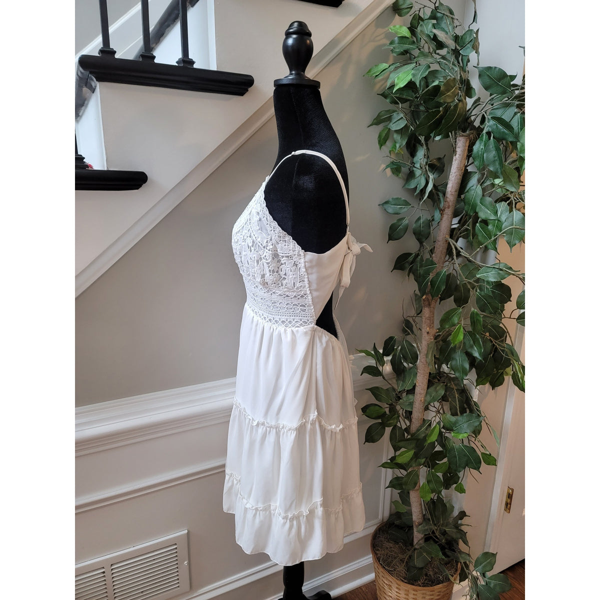 Ecowish Sundress Women Size L White Lace Tiered Sleeveless Summer Beach Casual