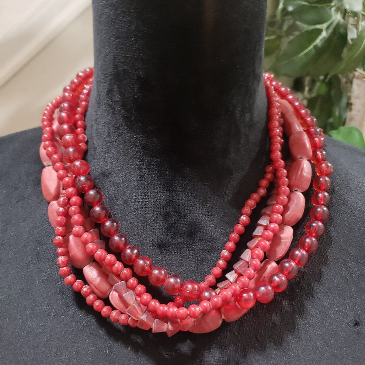 Womens Fashion Multistrand Red Glass Gemstone Beaded Choker Necklace
