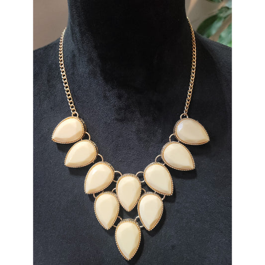 Women's Cream Teardrop Statement Necklace Gold Tone Chunky Fashion Bib Jewelry
