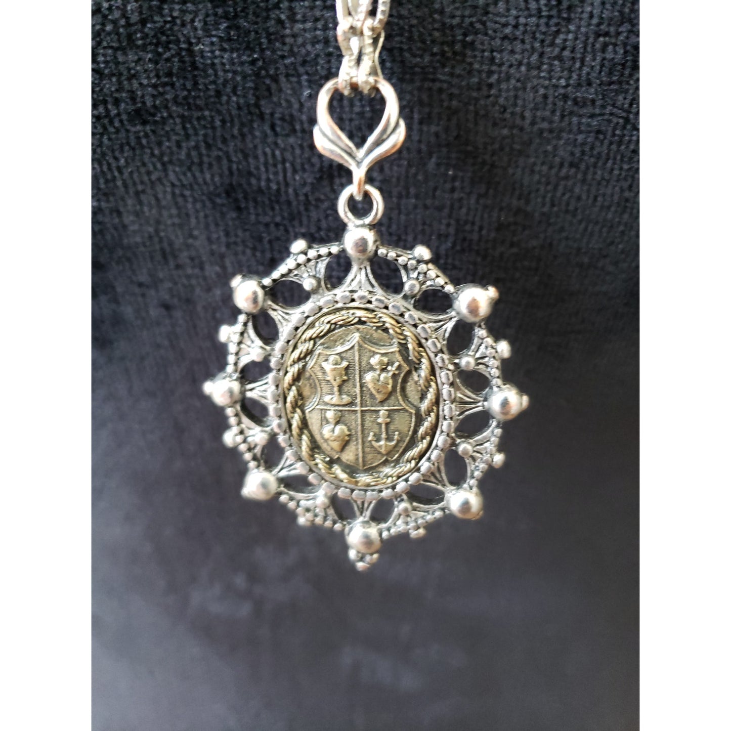 Womens Antique Silver Tone Encrusted Symbols Revival Pendant Geo Chain Necklace