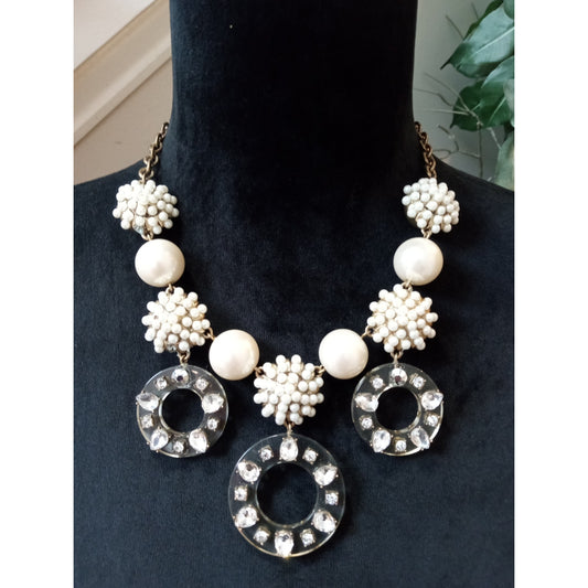 Ann Taylor Black White Beaded Statement Necklace Rhinestone Circle Bib Floral