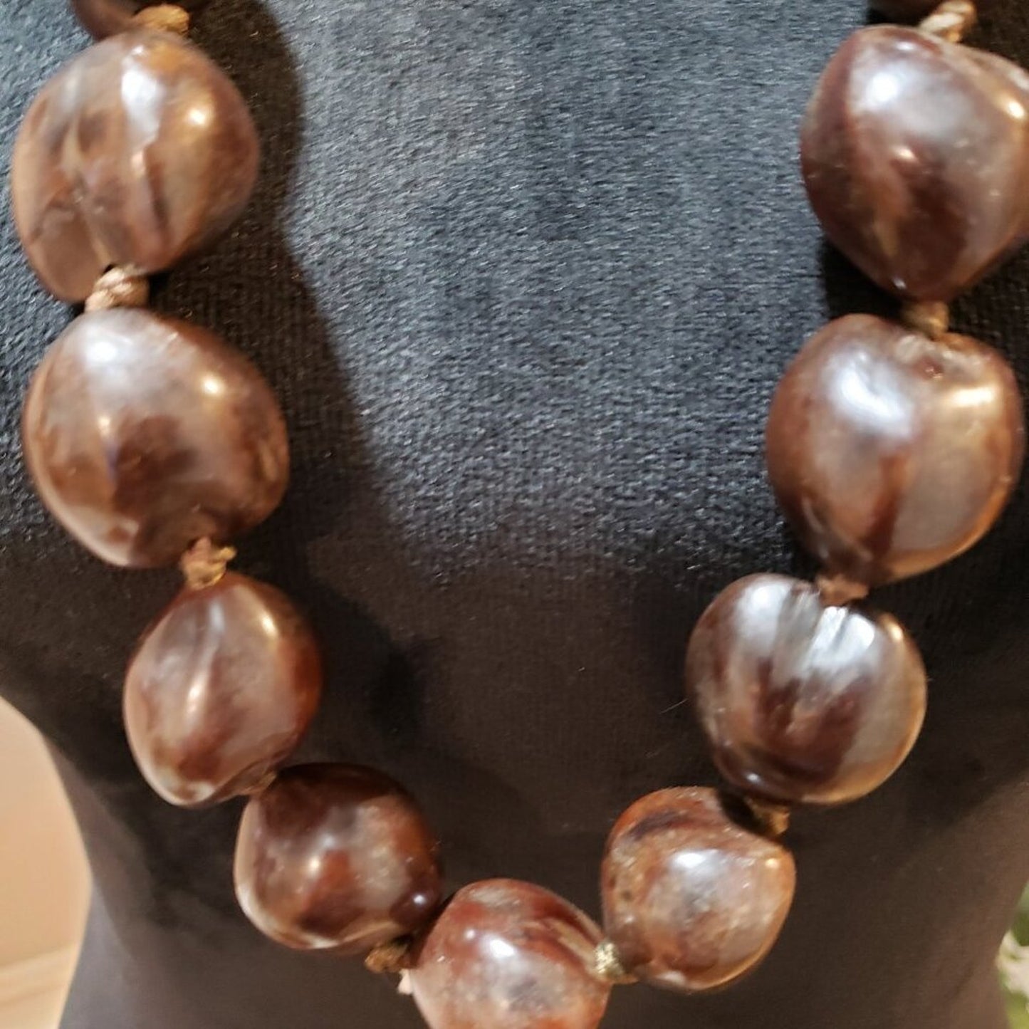 Women Fashion Brown Lumbang Kukui Nut Seed Collar Necklace with Lei Ribbon Clasp