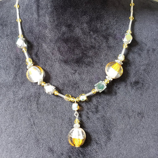 Women Fashion Gold Foil Crystal Glass Beads Faceted Necklace w/ Lobster