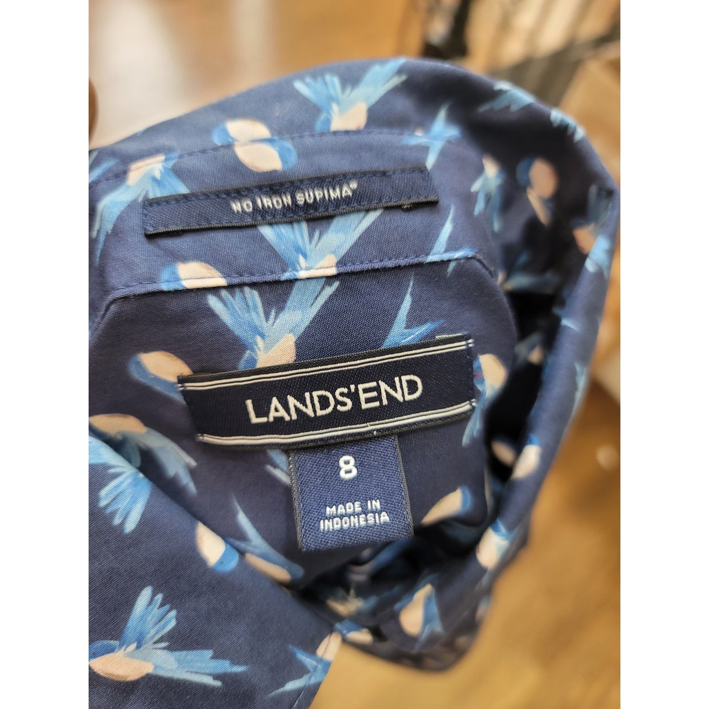 Lands End Shirt Women's Size 8 Blue Bird Print Long Sleeve Supima Cotton No Iron