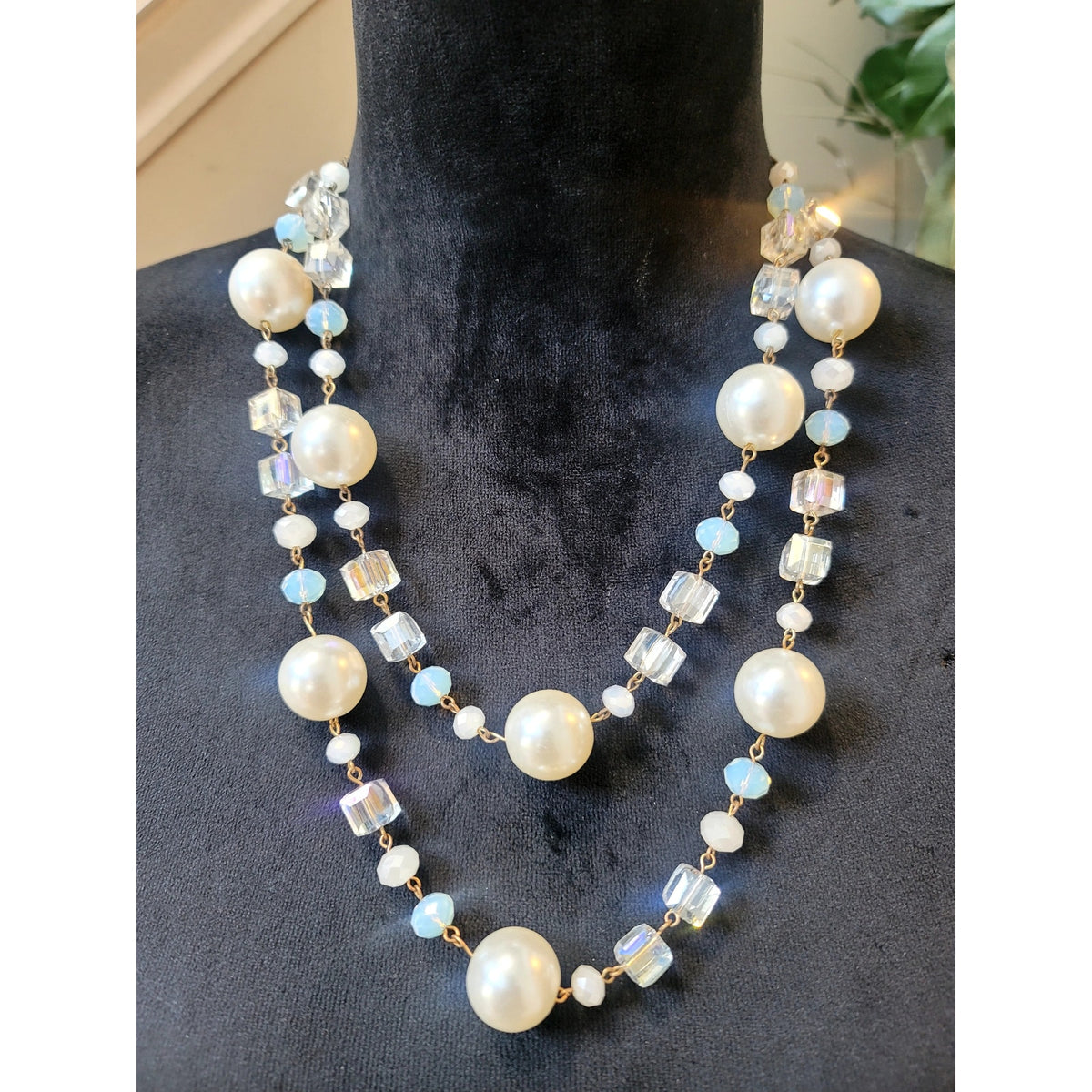 Vintage Faux Pearl & Aurora Borealis Crystal Double Strand Necklace Wedding Prom