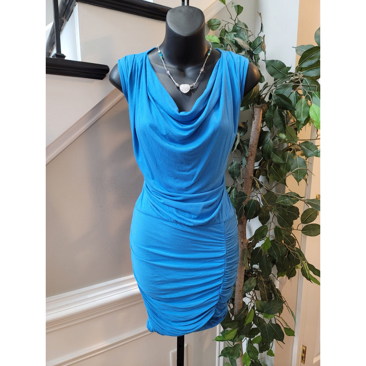 Krisa Ruched Bodycon Dress Womens XS Blue Cowl Neck Sleeveless Stretch Party