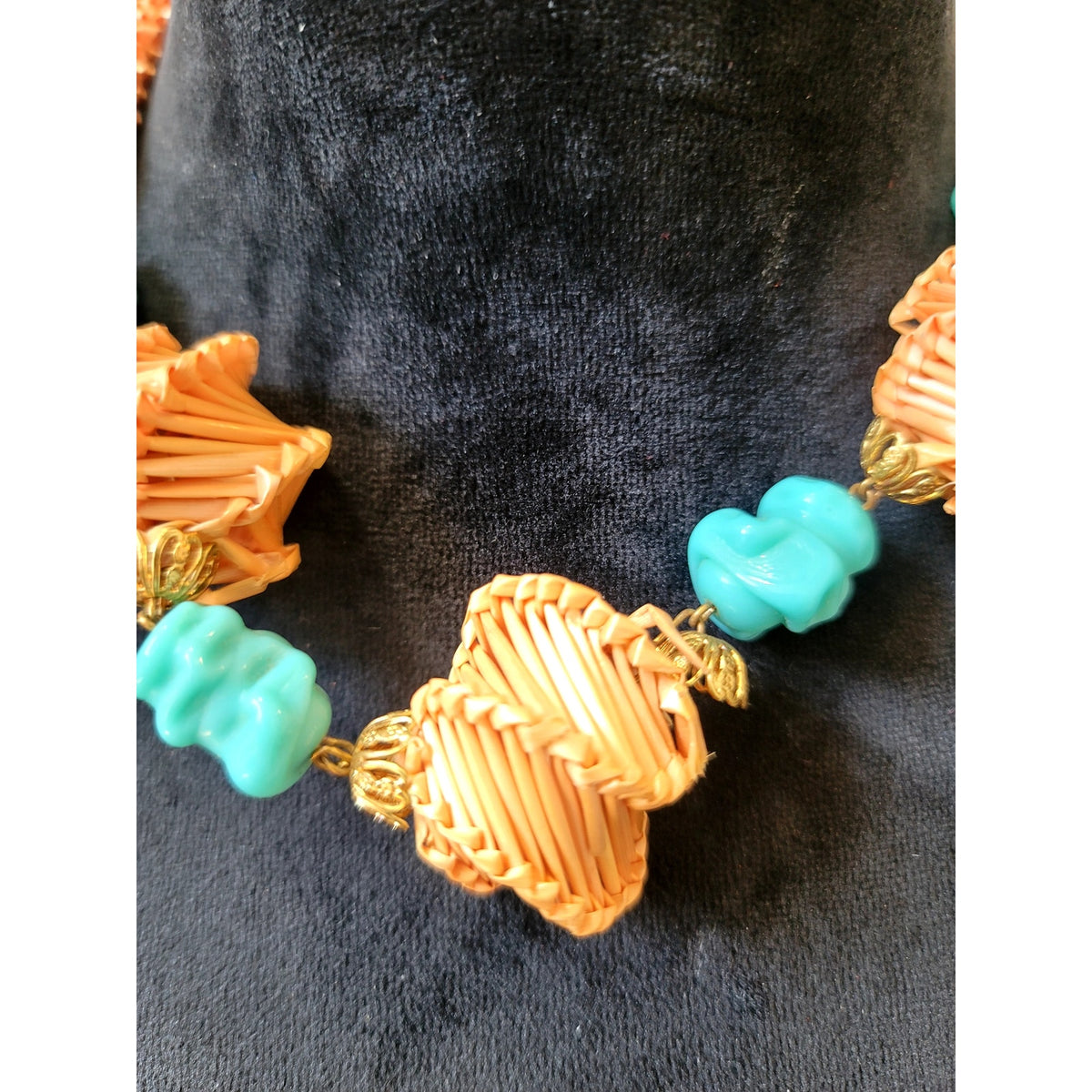 Boho Woven Raffia Turquoise Beaded Statement Necklace Orange Geometric Chunky