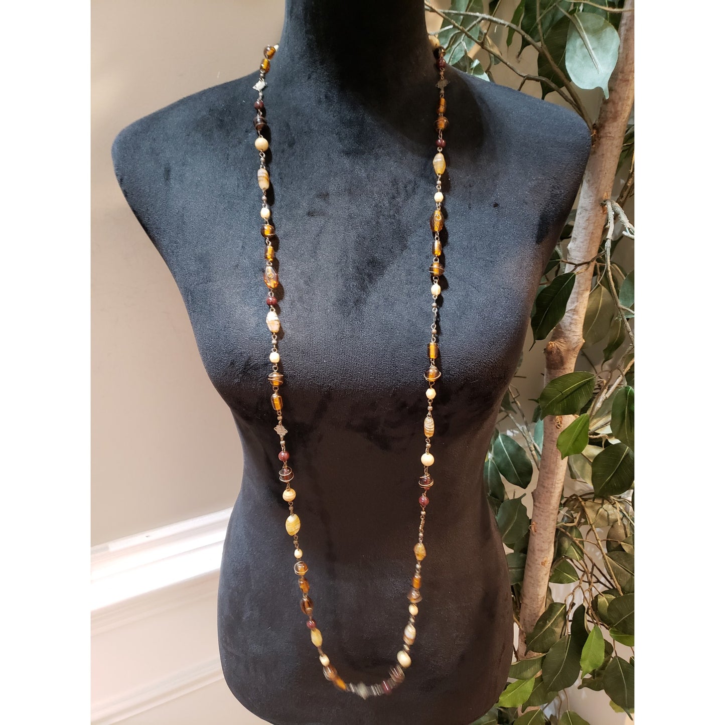 Women Fashion Multi Plastic Faux Wood Bone Wrapped Beaded Long Necklace Foldable
