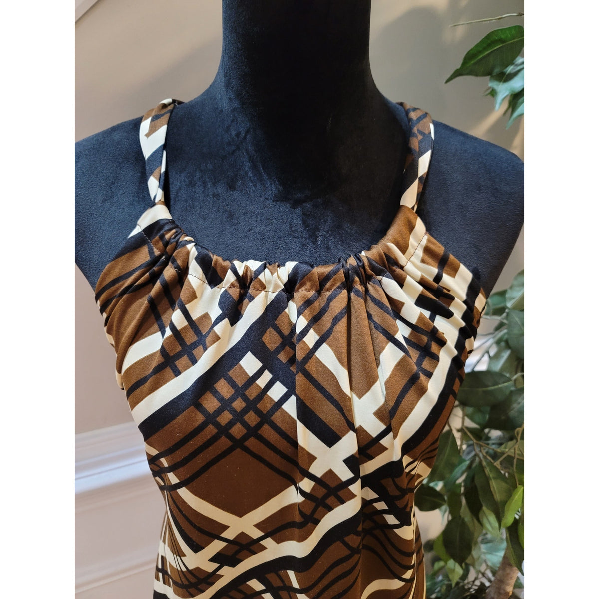 R. Marks Blouse Top Womens Large Brown Plaid Halter Neck Racerback Pleated Front