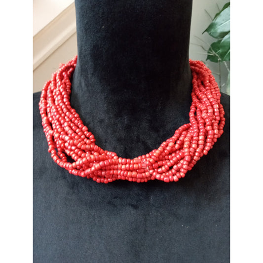 Vintage Red Multi Strand Seed Bead Torsade Statement Necklace Twisted Bib Collar