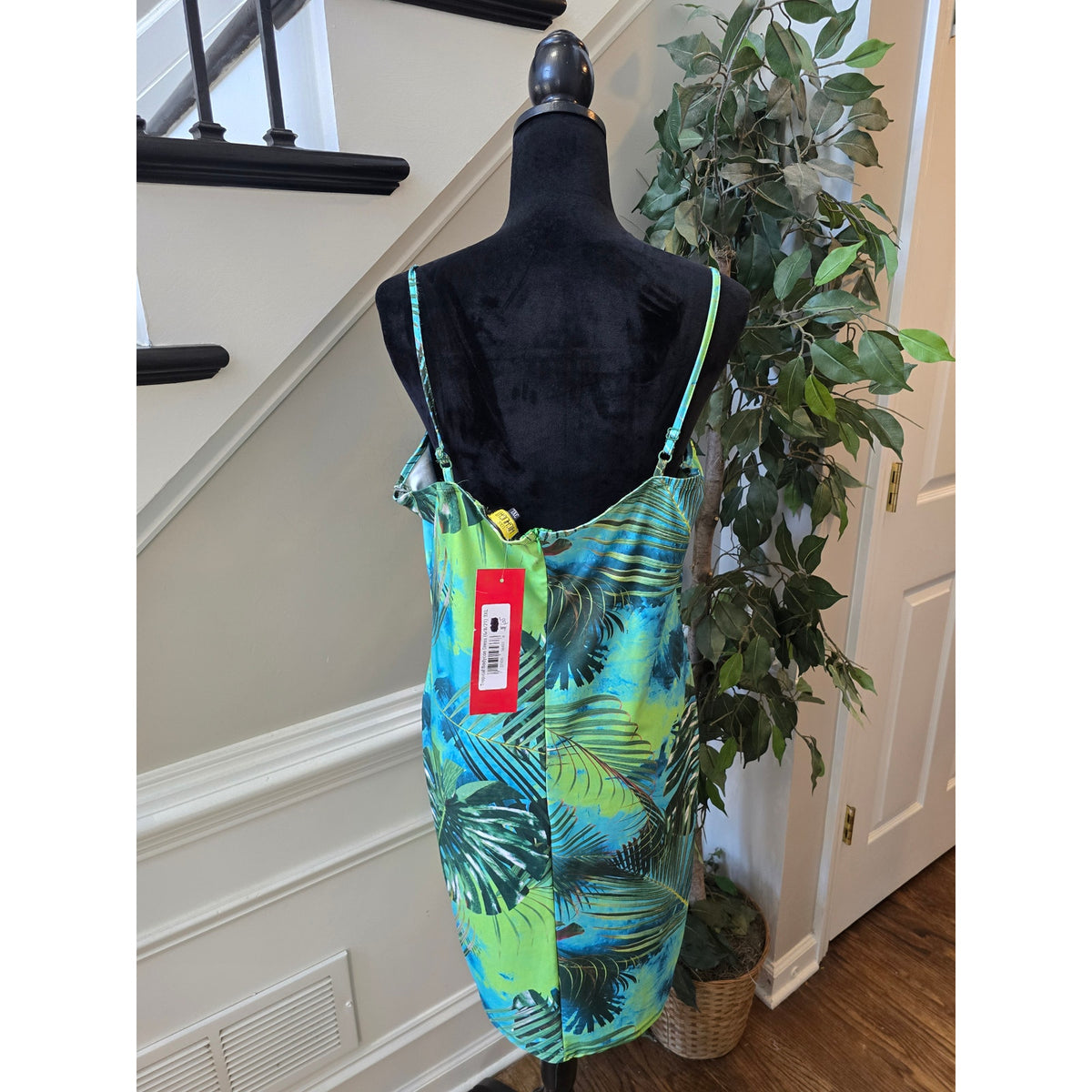 Merci Bodycon Dress Womens Large Multicolor Tropical Palm Padded Spaghetti Strap