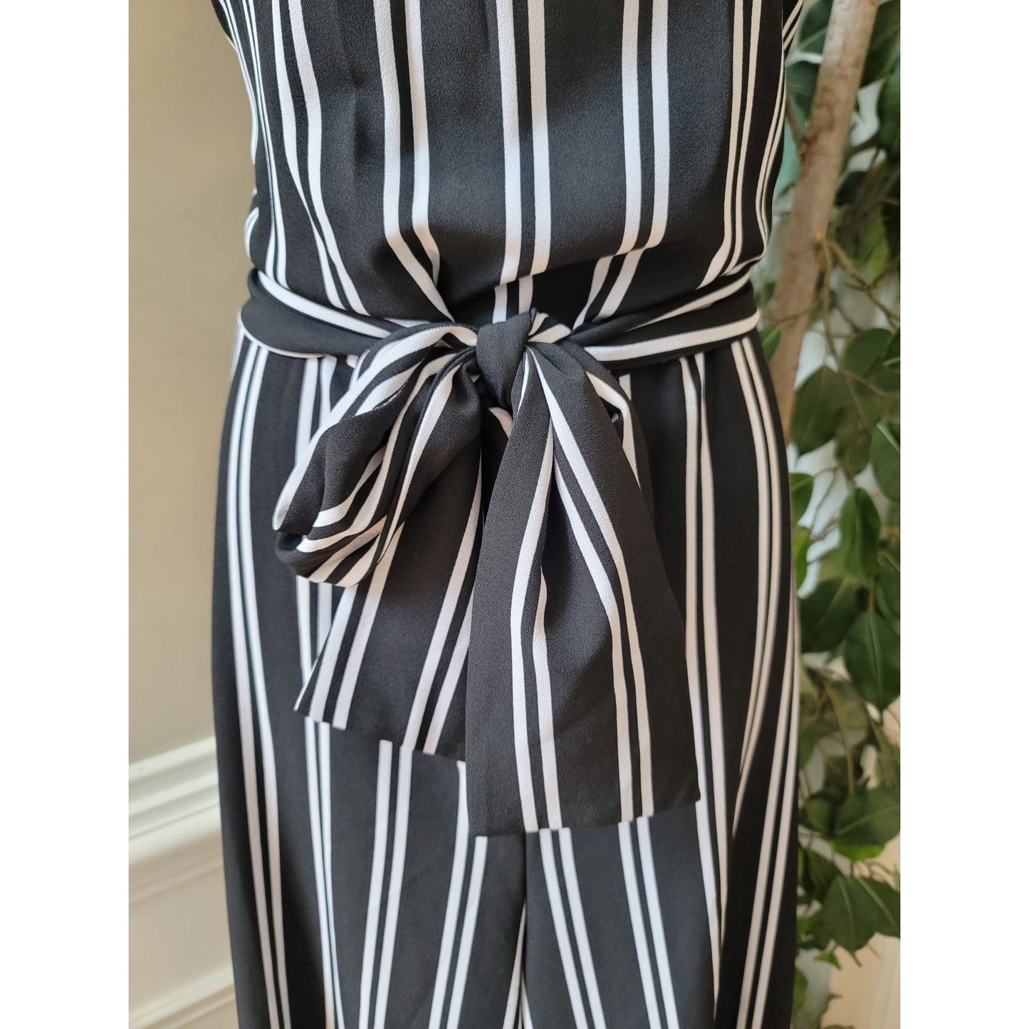 Emma Michele Romper Women Size 16 Black White Striped Belted Midi Sleeveless