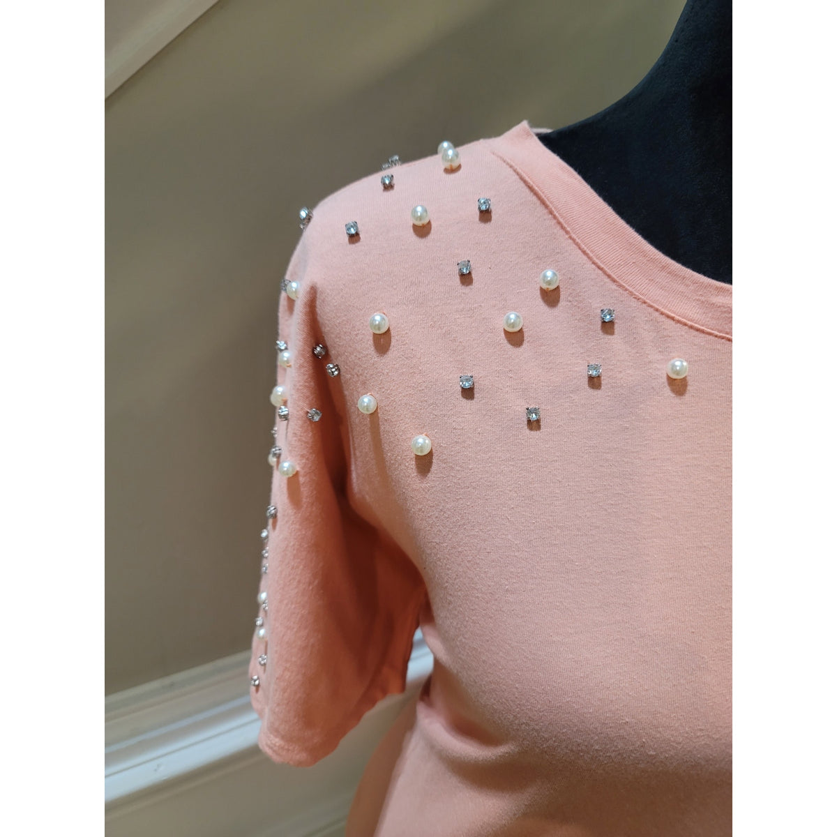 INC Blouse Top Women's Medium Peach Rhinestone Pearl Half Sleeves Crew Neck