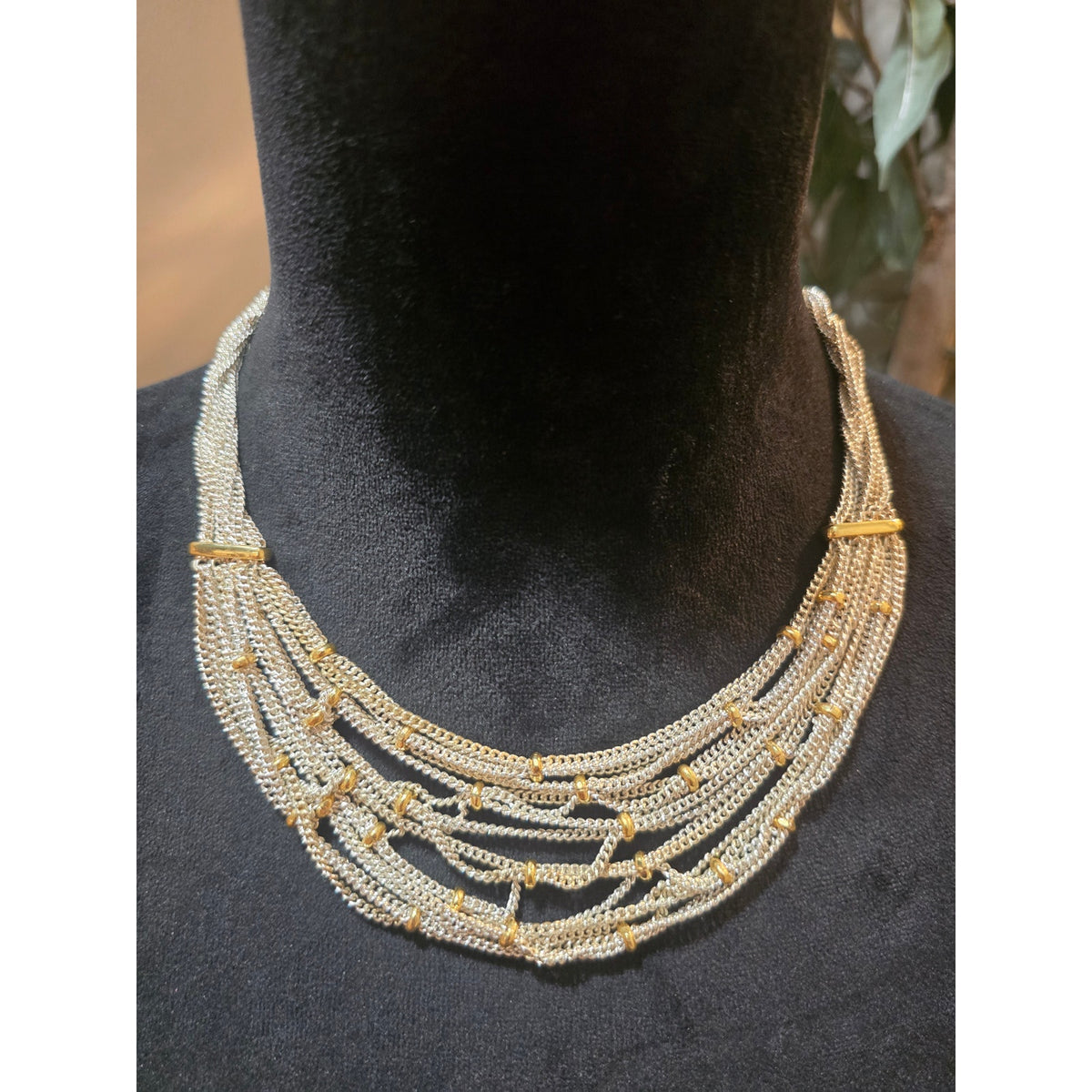 Women's Multi Strand Silver Chain Necklace With Gold Beads And Toggle Lock