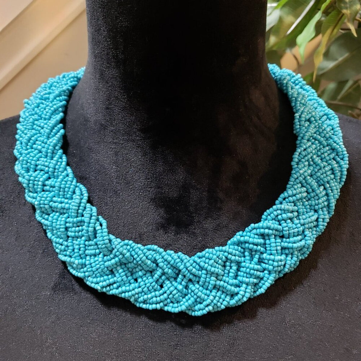 Women Light Blue Braided Seed Beaded Multiple Layers Necklace with Lobster Clasp